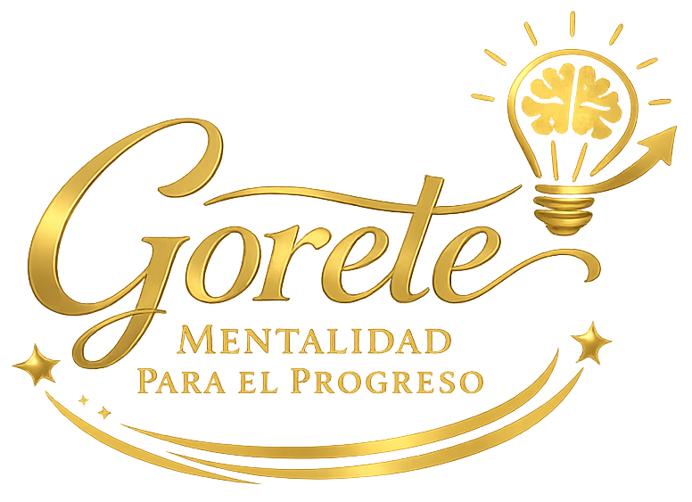 Logo dorado de “Gorete Mentalidad para el Progreso” con bombilla y cerebro estilizado.