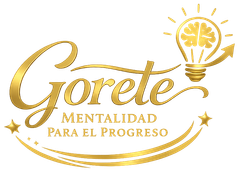 Logo dorado de “Gorete Mentalidad para el Progreso” con bombilla y cerebro estilizado.