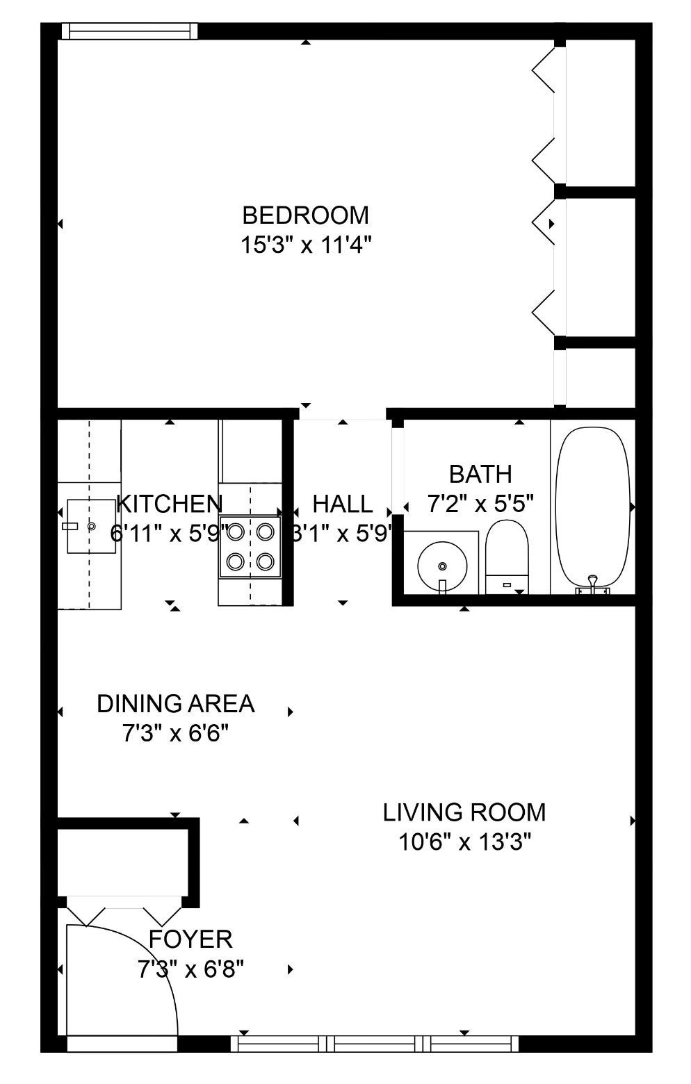 Apartment floor plan with bedroom, kitchen, bath, dining area, living room, foyer, and hall
