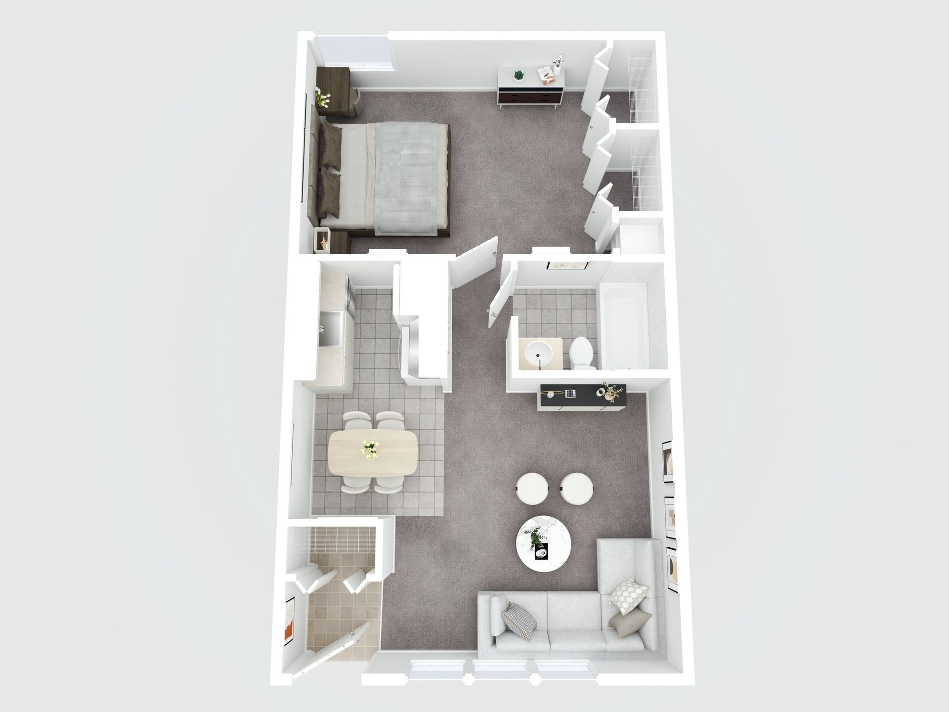 Top-down 3D floor plan of a compact apartment with bedroom, bath, kitchen, and living area.