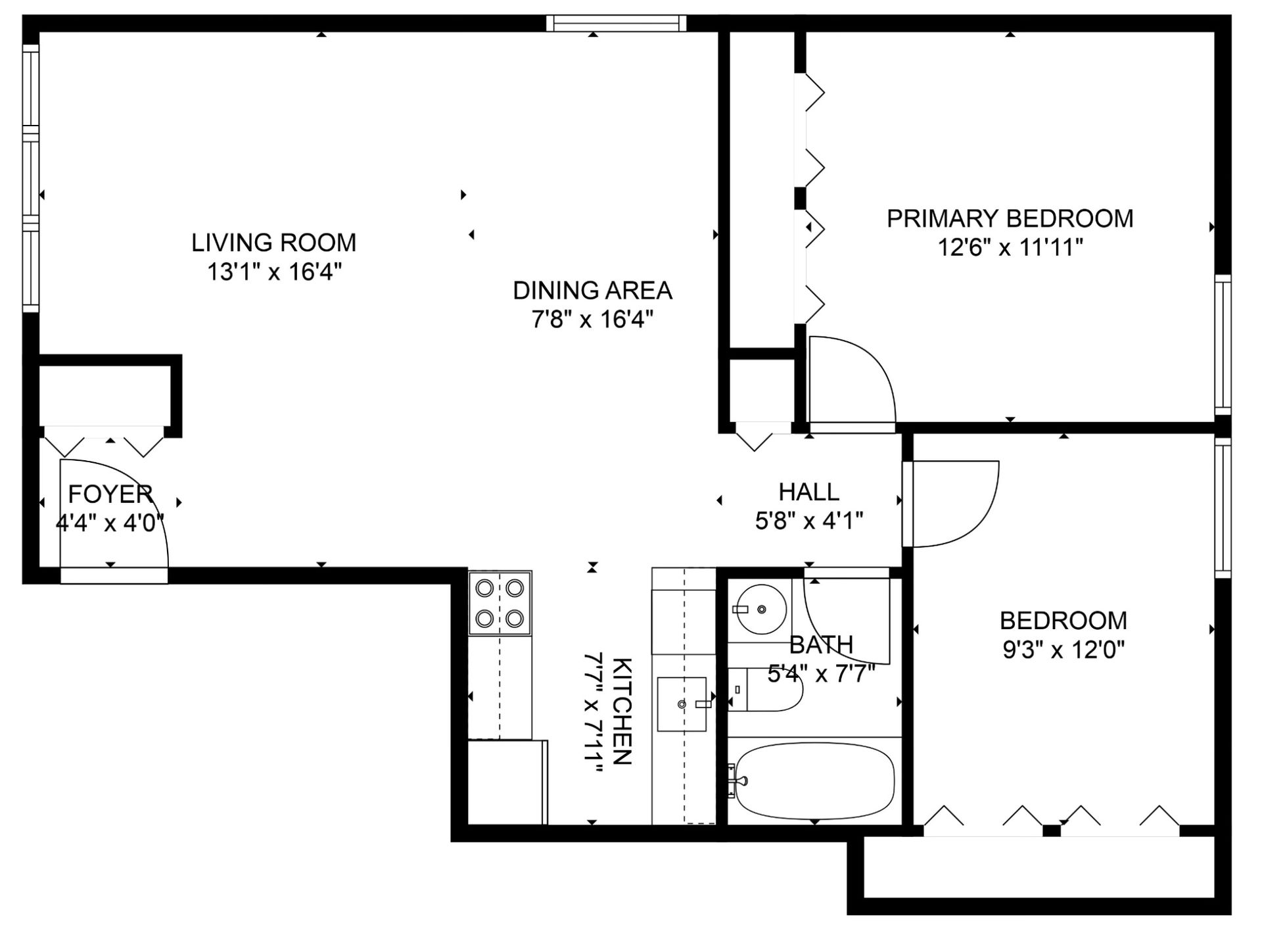 Apartment floor plan with living room, dining area, kitchen, two bedrooms, hall, and bath.