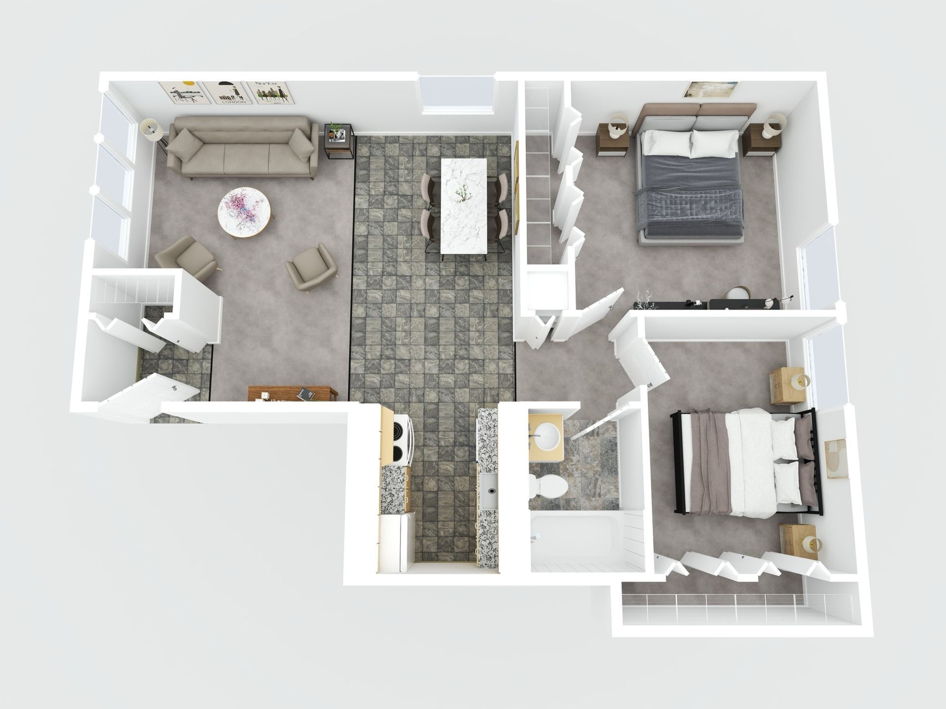 Top-down floor plan of a small apartment with living room, kitchen, and two bedrooms.