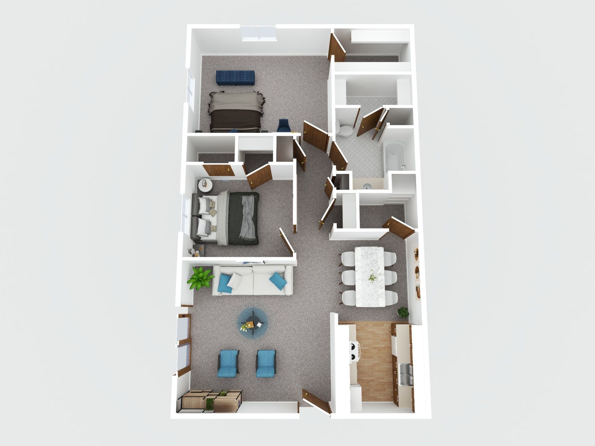 3D floor plan of a small apartment with bedroom, bathroom, living room, kitchen, and dining area