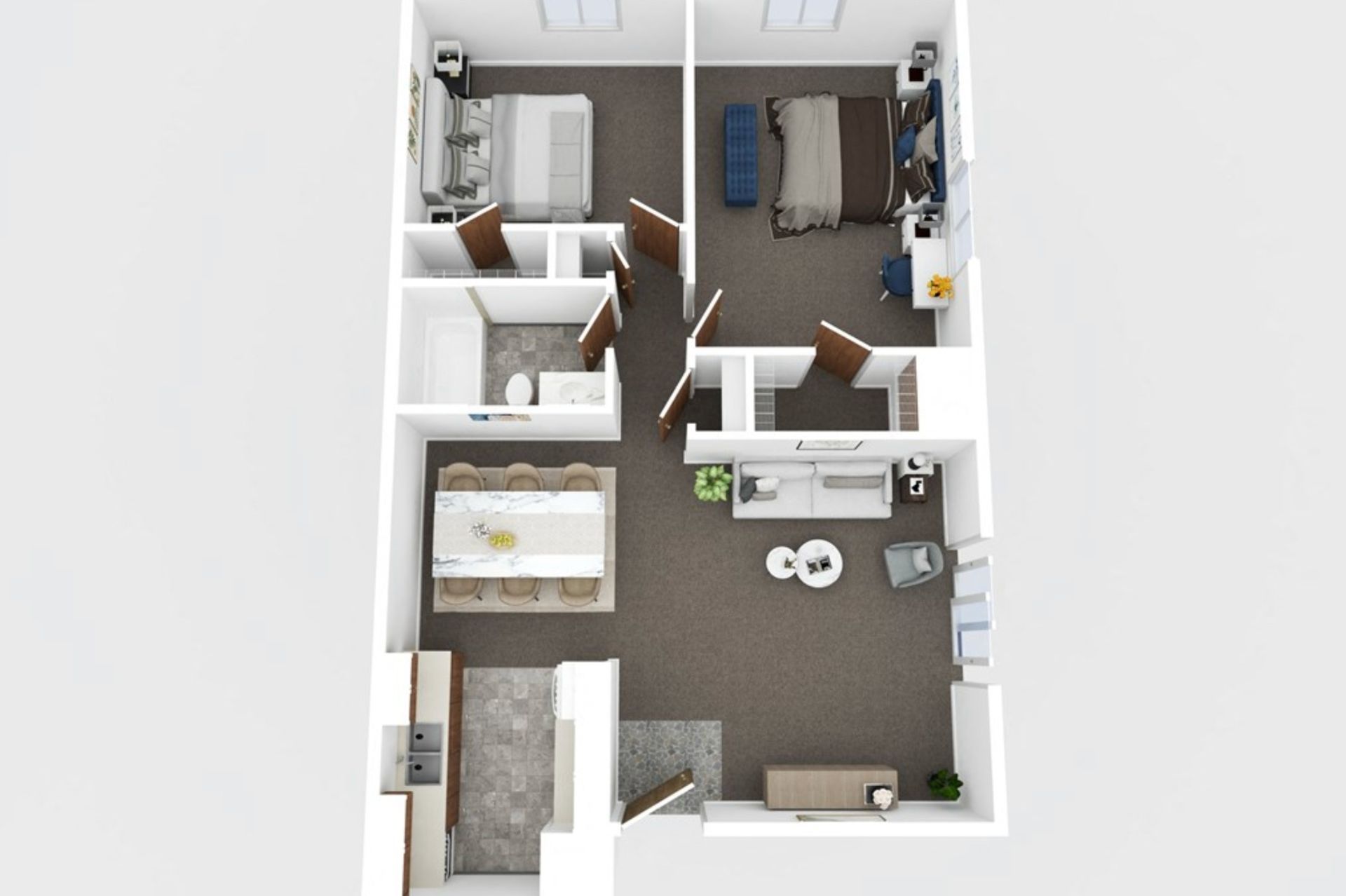 Top-down apartment floor plan with bedroom, bathroom, kitchen, and living area on a gray and white layout.