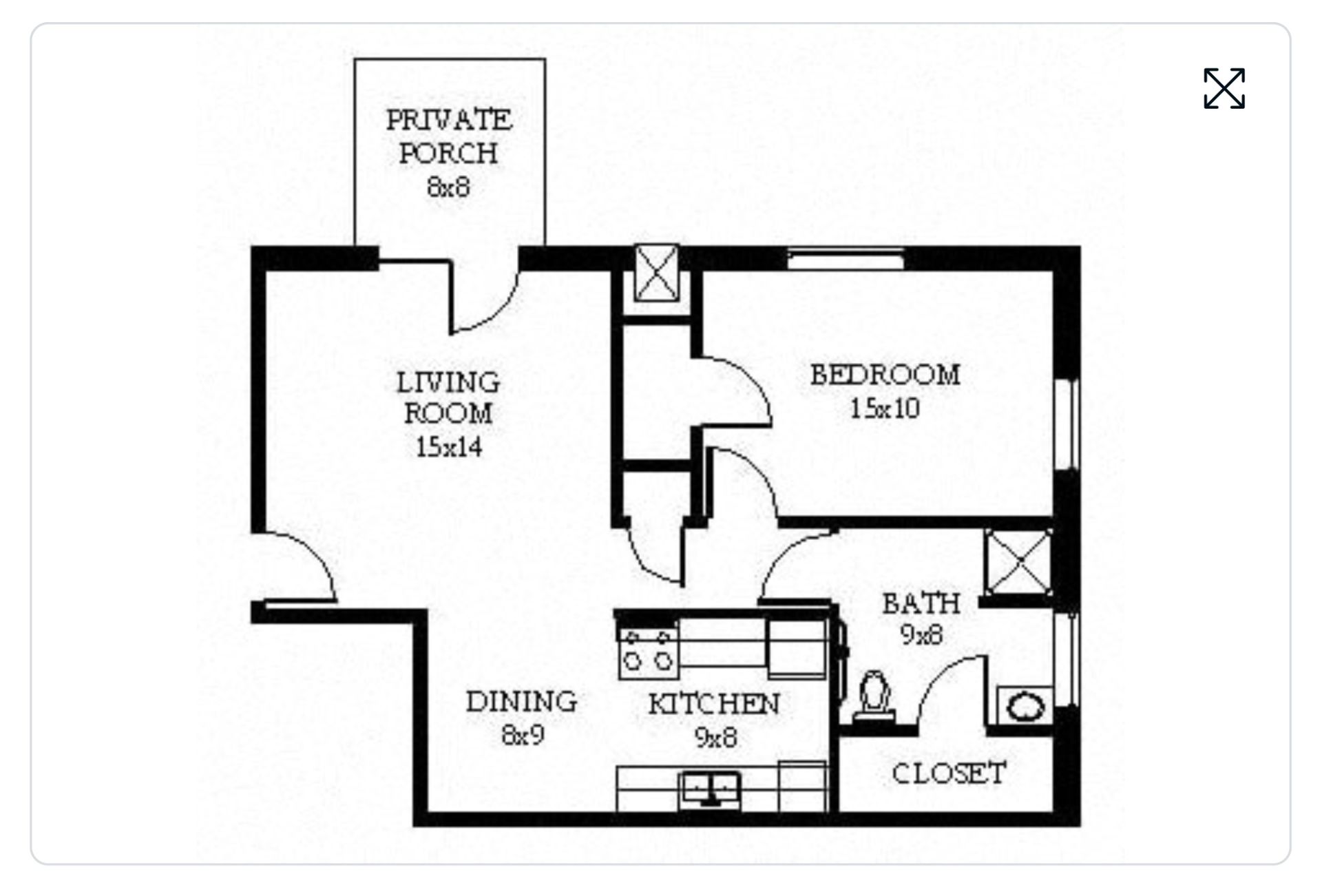 Black-and-white floor plan of a one-bedroom apartment with living room, dining, kitchen, bath, closet, and private porch.