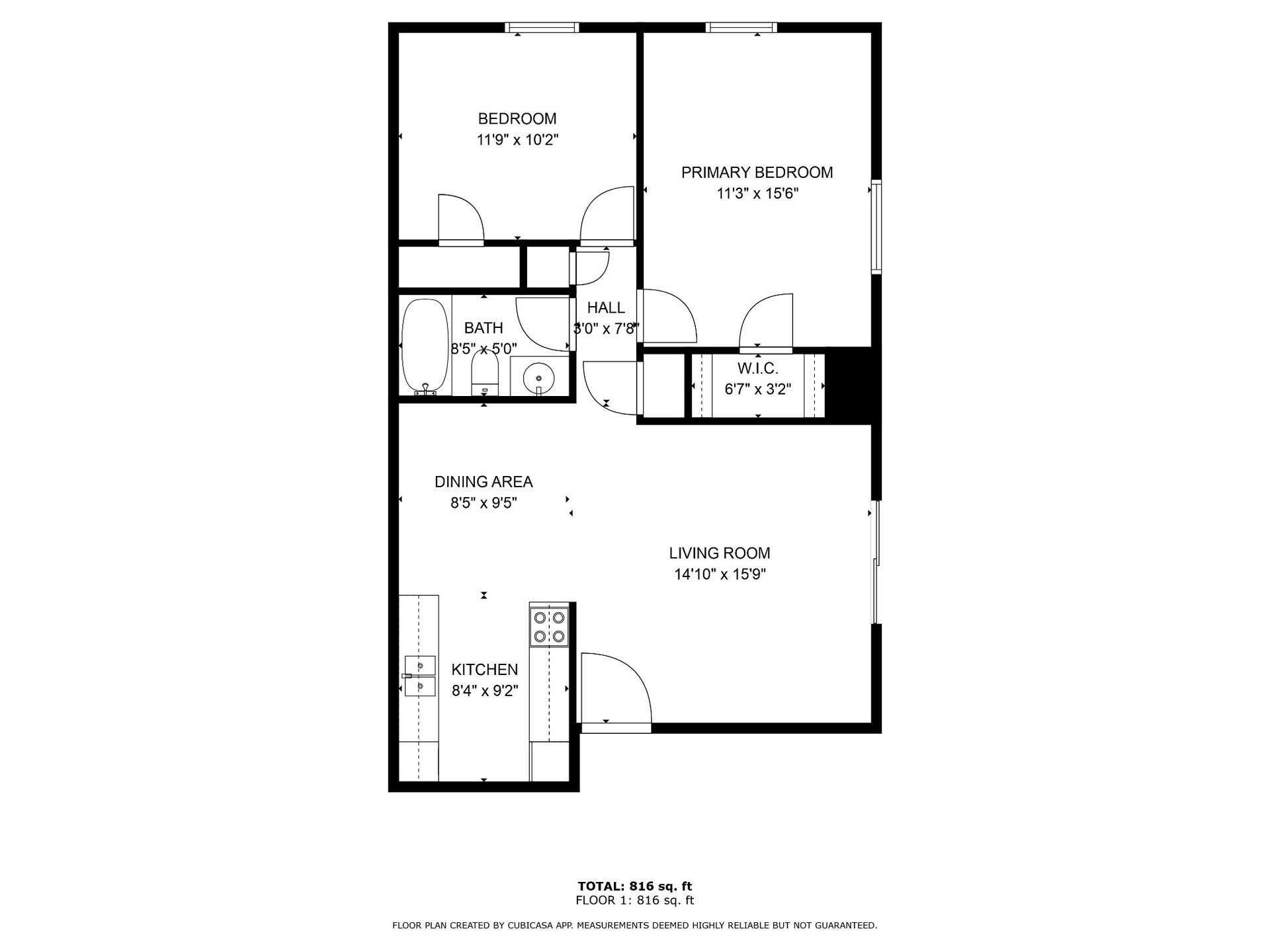 Black-and-white apartment floor plan with labeled rooms, doors, and windows