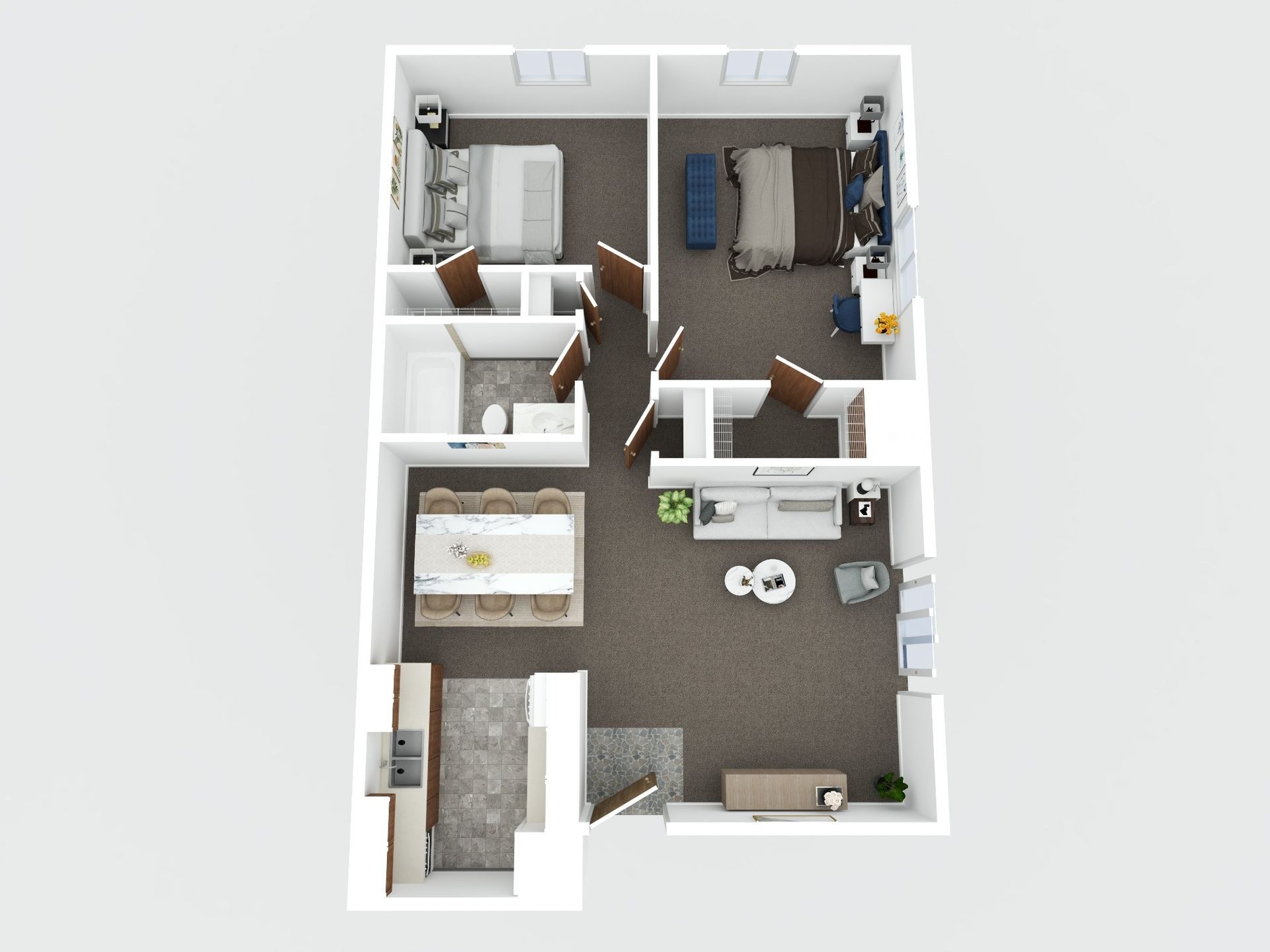 Top-down floor plan of a small apartment with bedroom, bathroom, and open living area with kitchen and sofa.