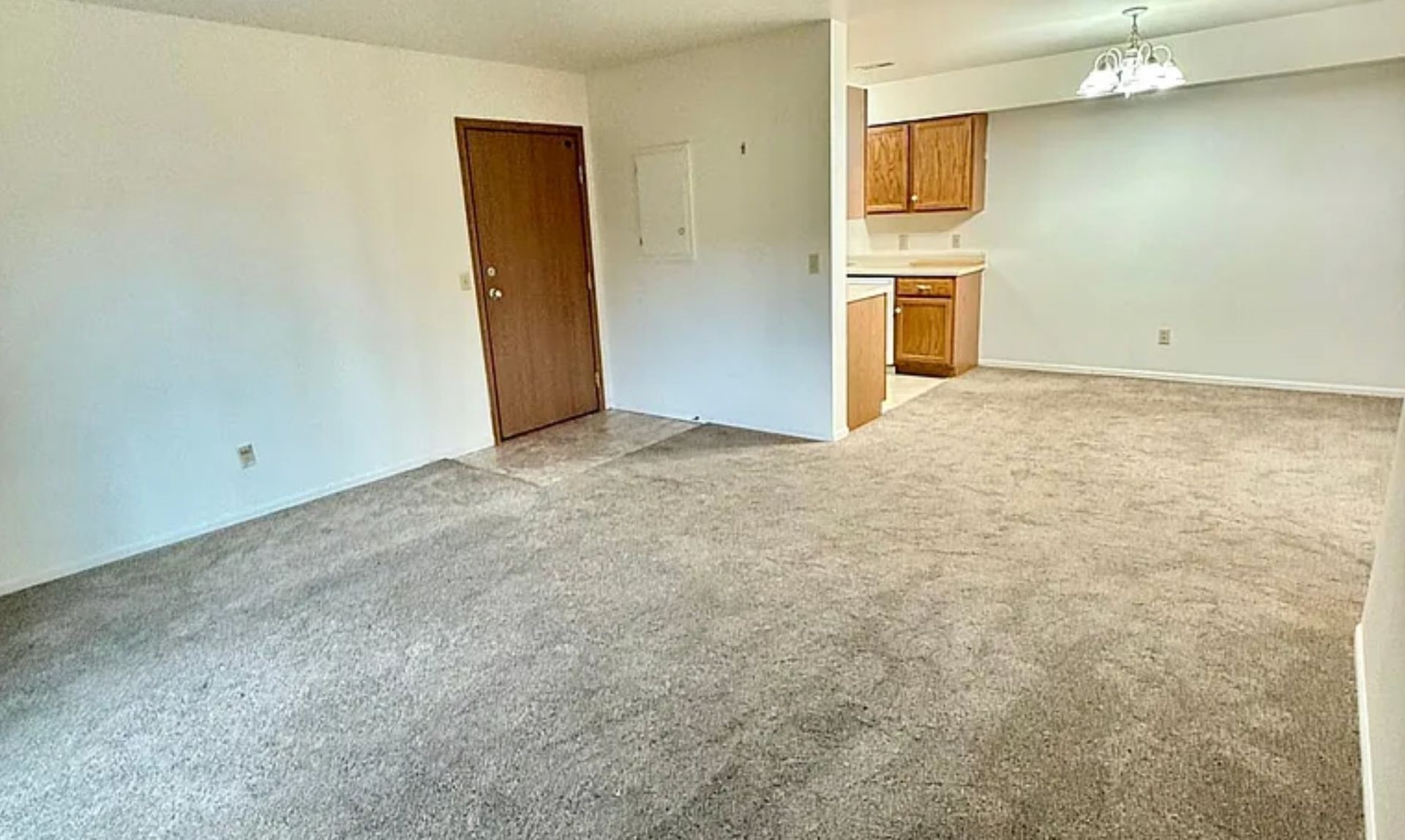 Empty beige-carpeted living room with white walls, brown doors, and a small kitchen area in the back