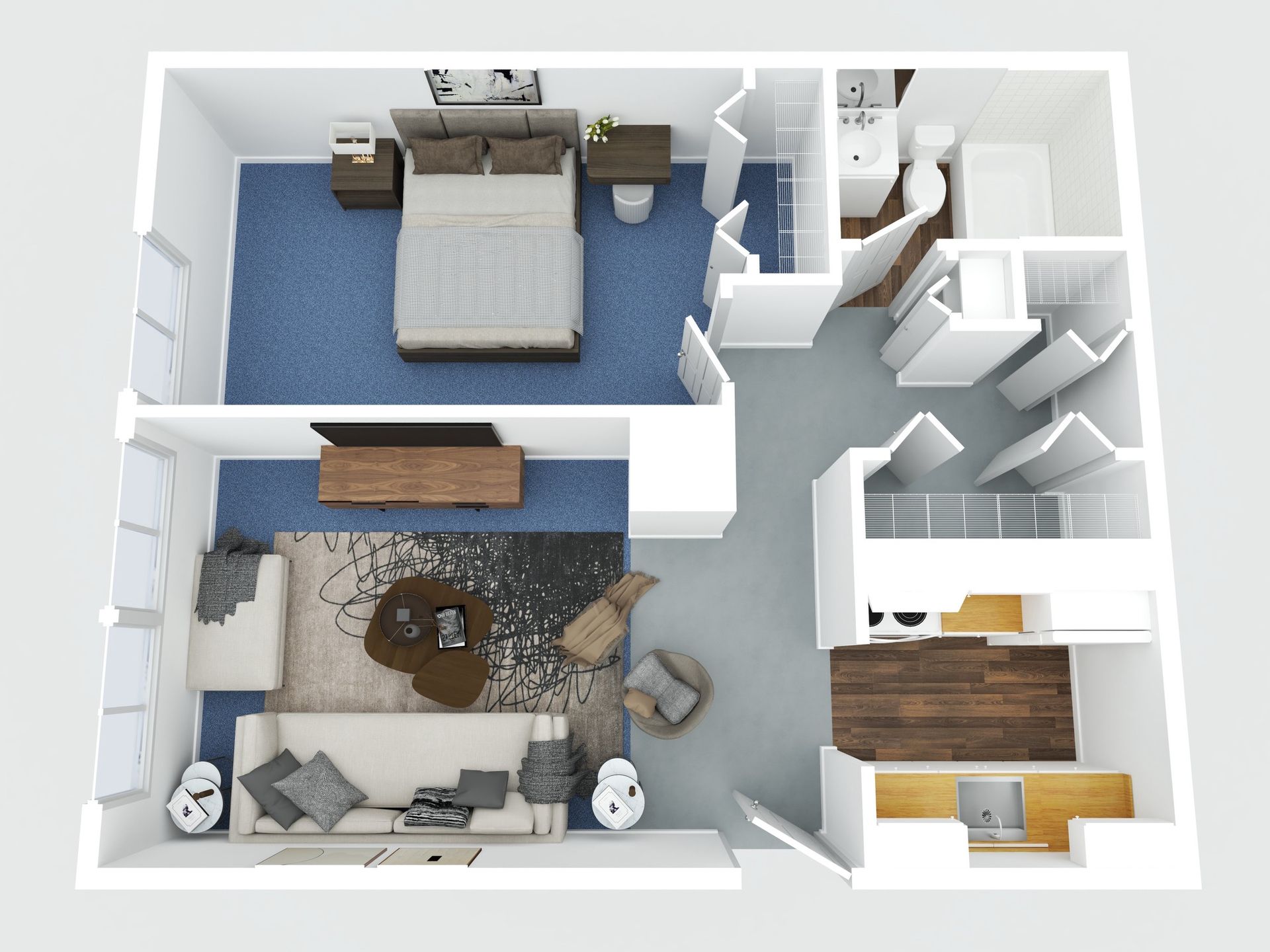 Top-down 3D floor plan of a small apartment with bedroom, living room, kitchen, and bathroom.