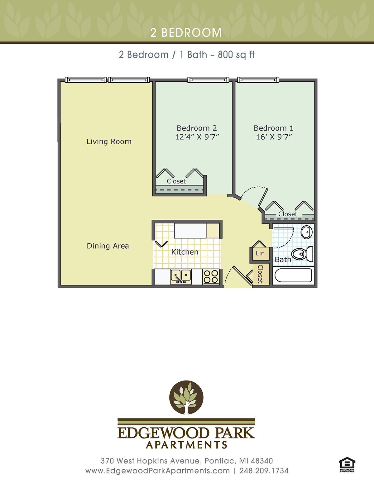 2-bedroom apartment floor plan with living room, kitchen, bath, and two bedrooms, labeled Edgewood Park Apartments