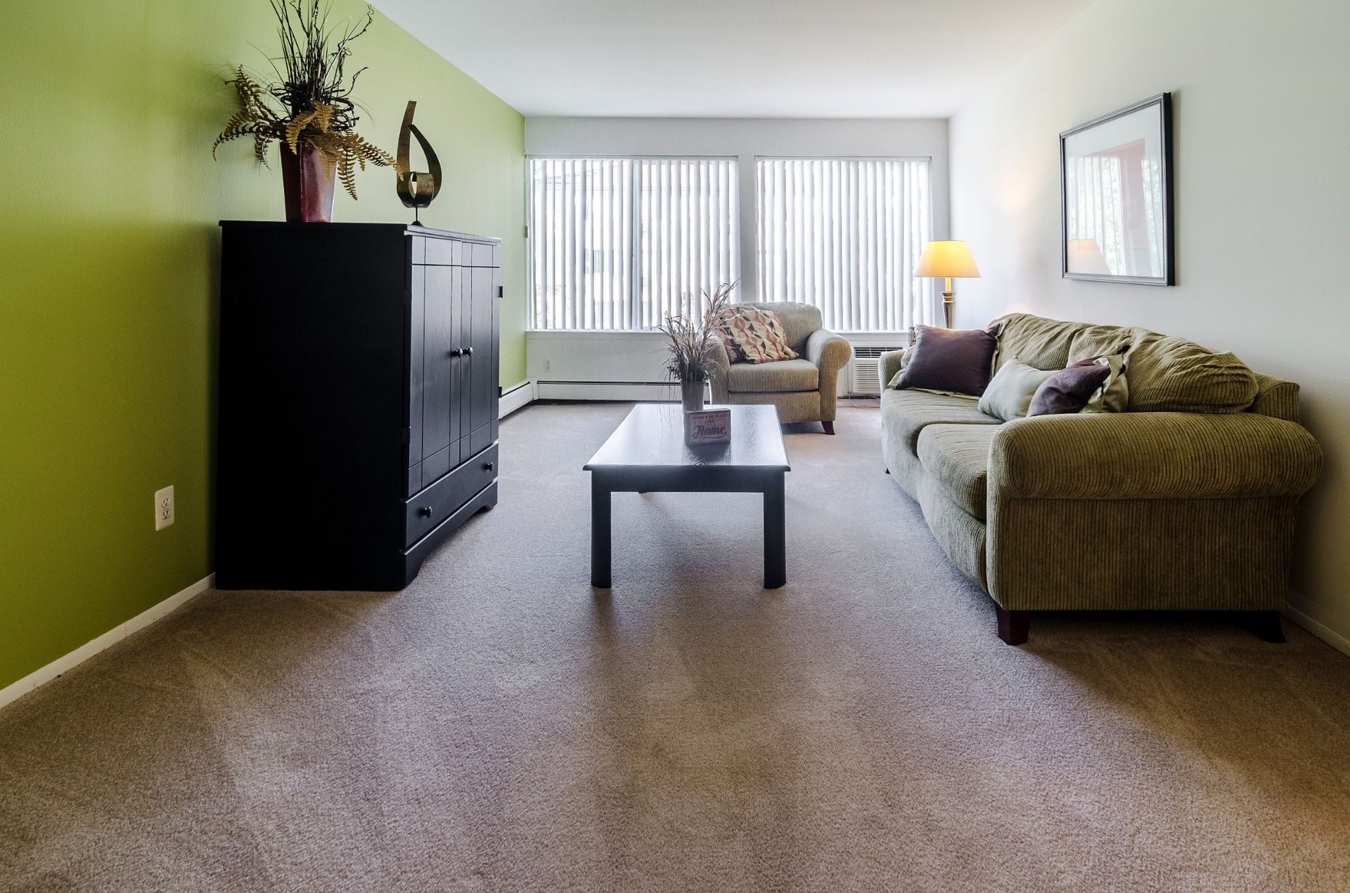 Bright living room with green sofa, black cabinet, coffee table, and large window with blinds