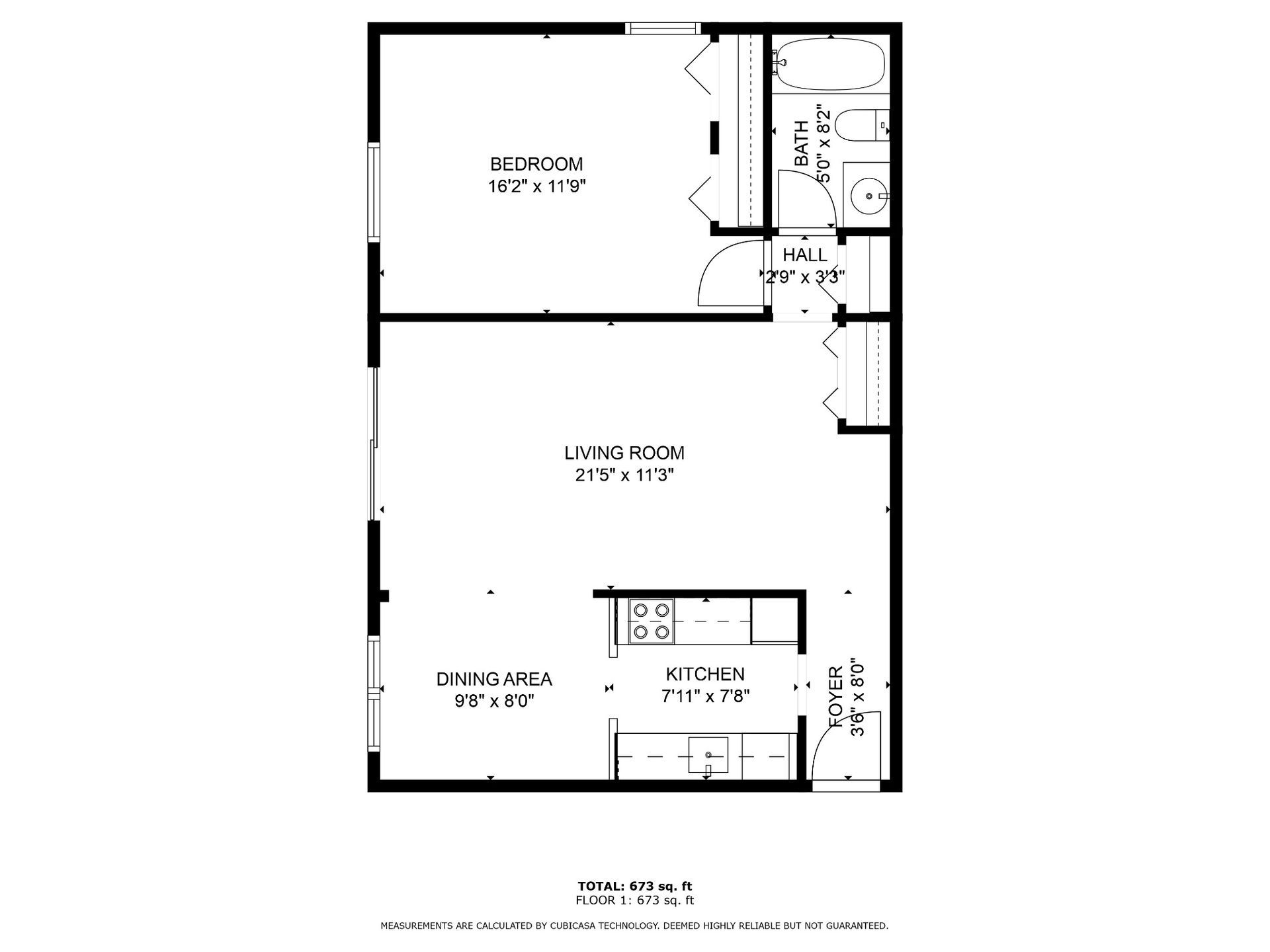 Black-and-white floor plan of a small apartment with bedroom, living room, kitchen, and bath layout.