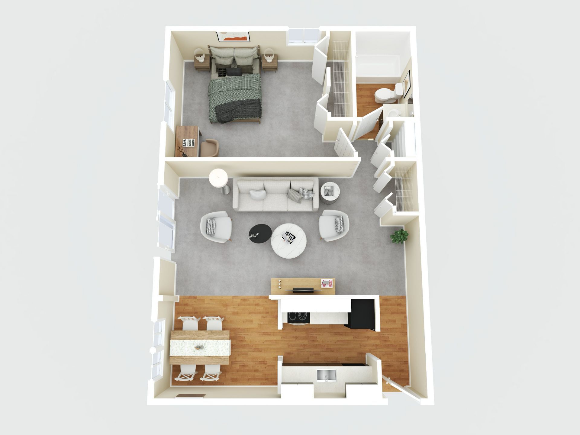 Top-down view of a studio apartment floor plan with bedroom, kitchen, bathroom, and living area.