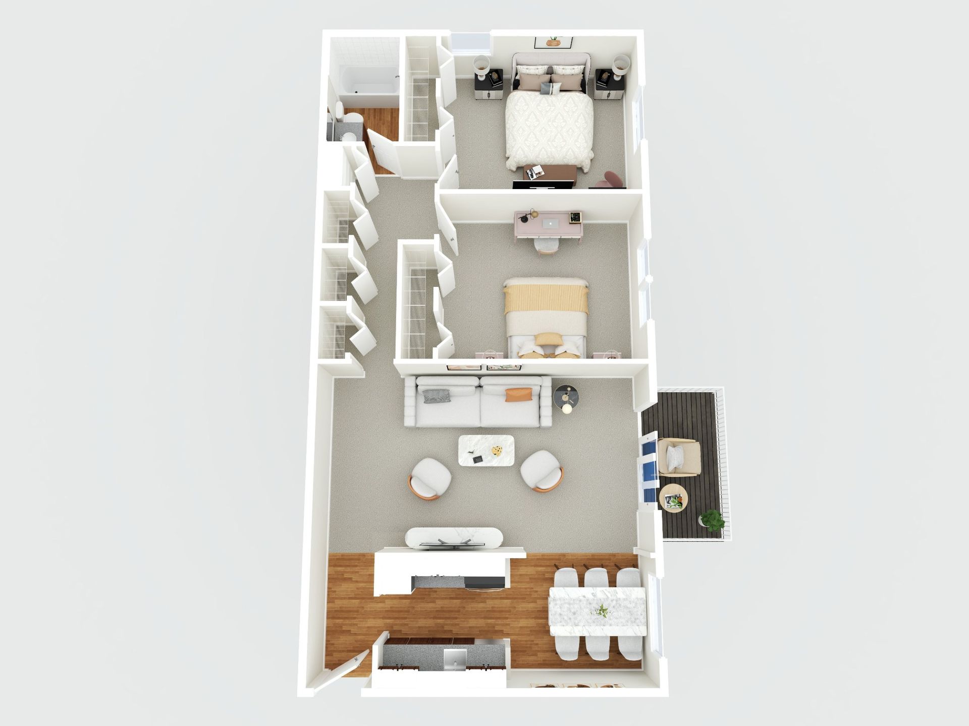 Top-down 3D floor plan of a small apartment with bedroom, living area, kitchen, and bathroom.