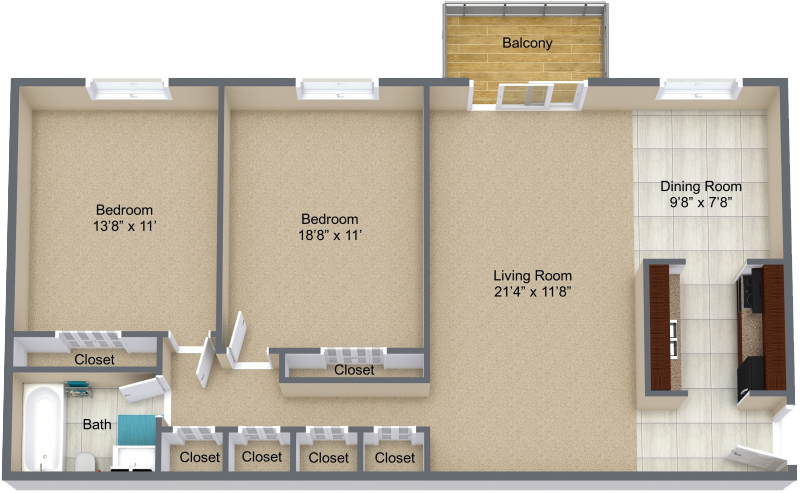 Apartment floor plan with living room, kitchen, bedroom, bath, dining room, balcony, and closets.