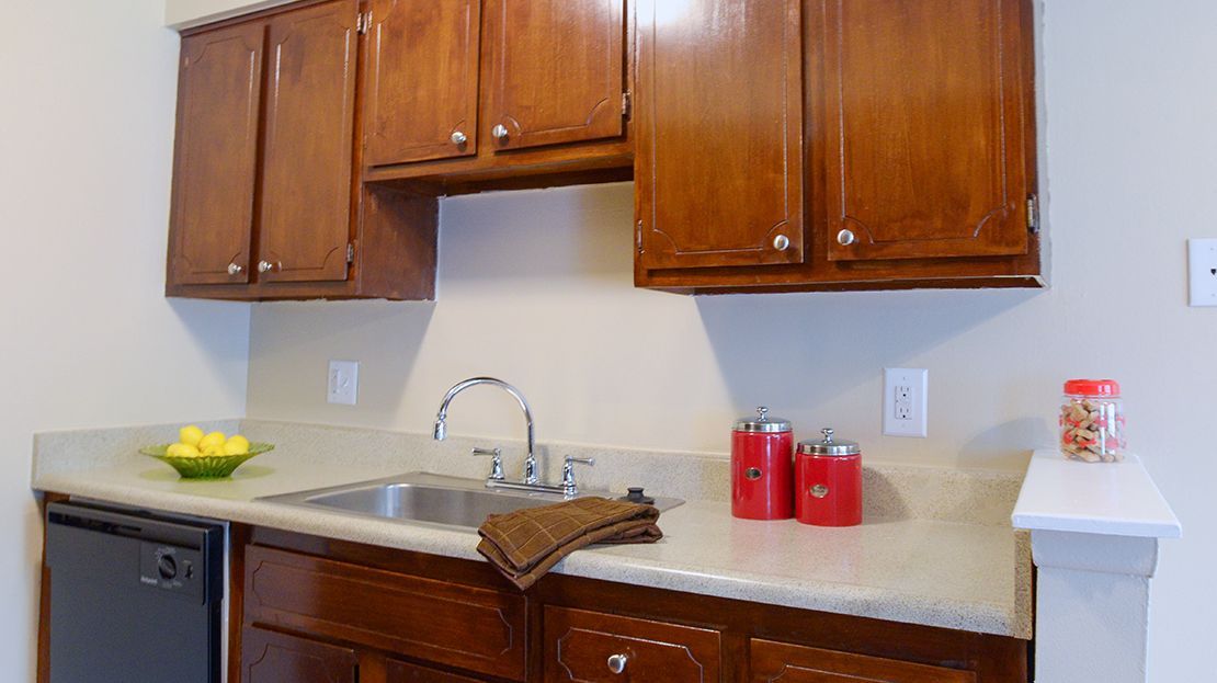 Kitchen counter with wooden cabinets, sink, and red canisters on a beige countertop.