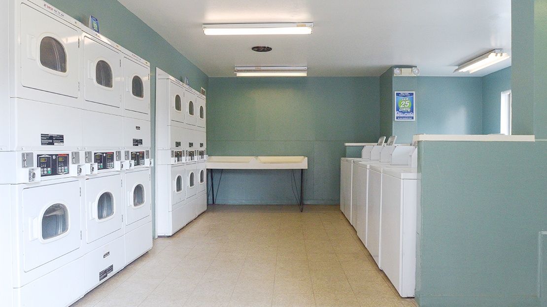 Bright laundry room with rows of washers, white cabinets, and a folding table against blue walls.