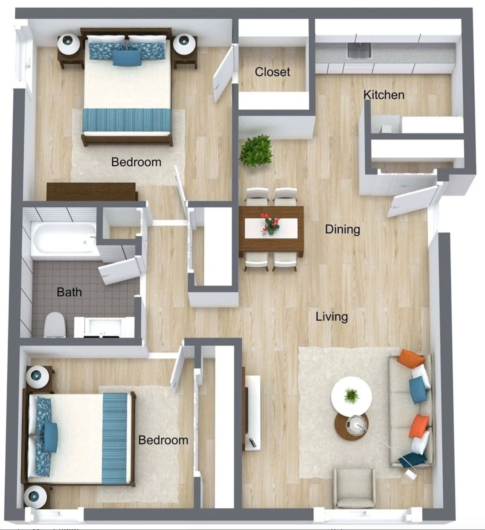 Top-down apartment floor plan with two bedrooms, bath, kitchen, dining, and living area, in neutral tones.