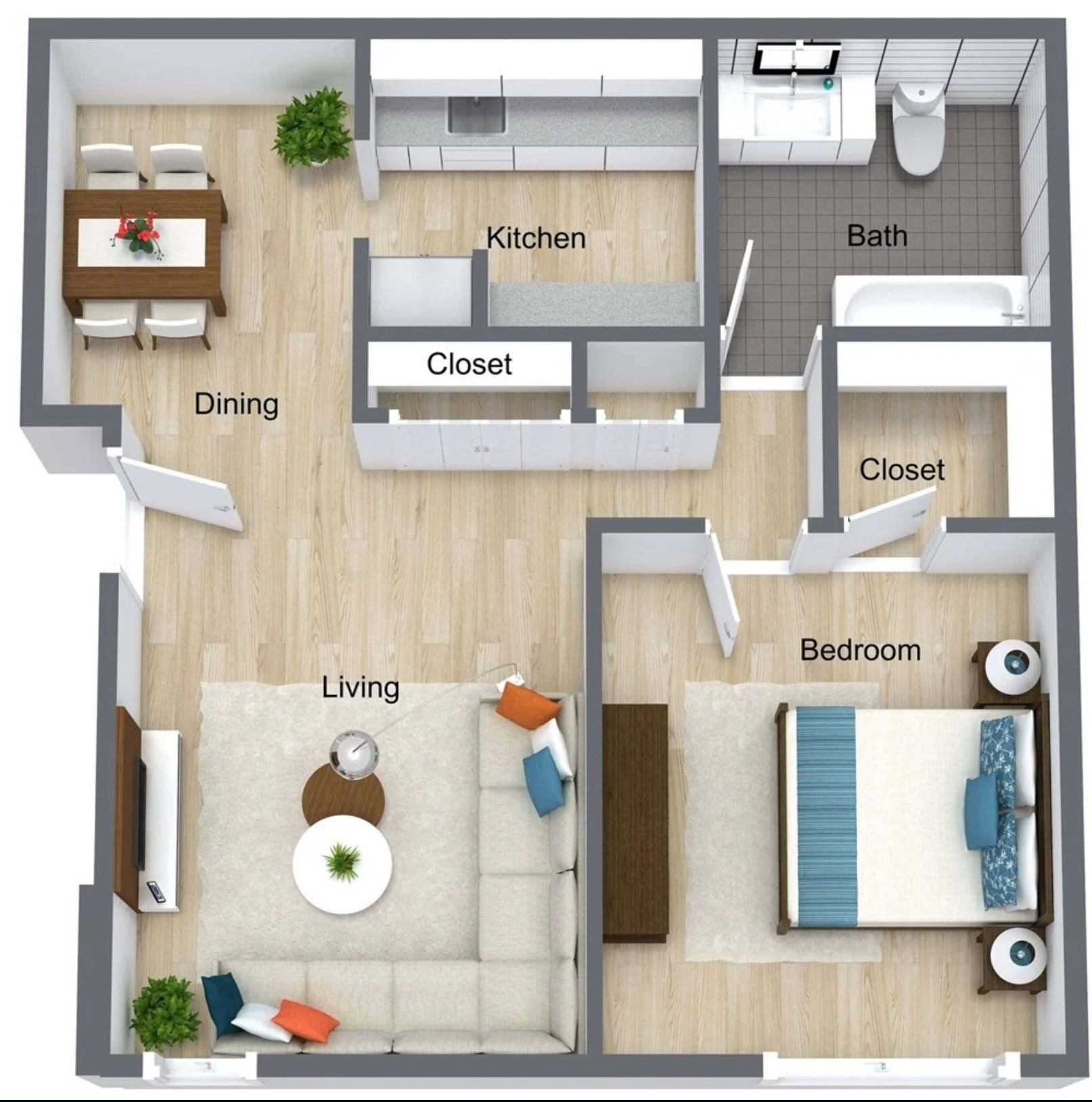 Top-down floor plan of a small apartment with living, dining, kitchen, bedroom, bath, and closets.