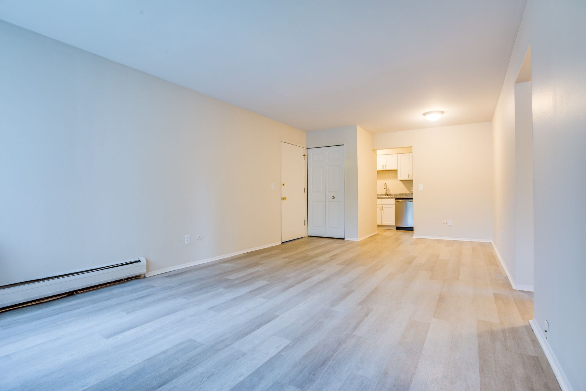 Empty modern living room with light wood floors, white walls, and a small kitchen area in the back