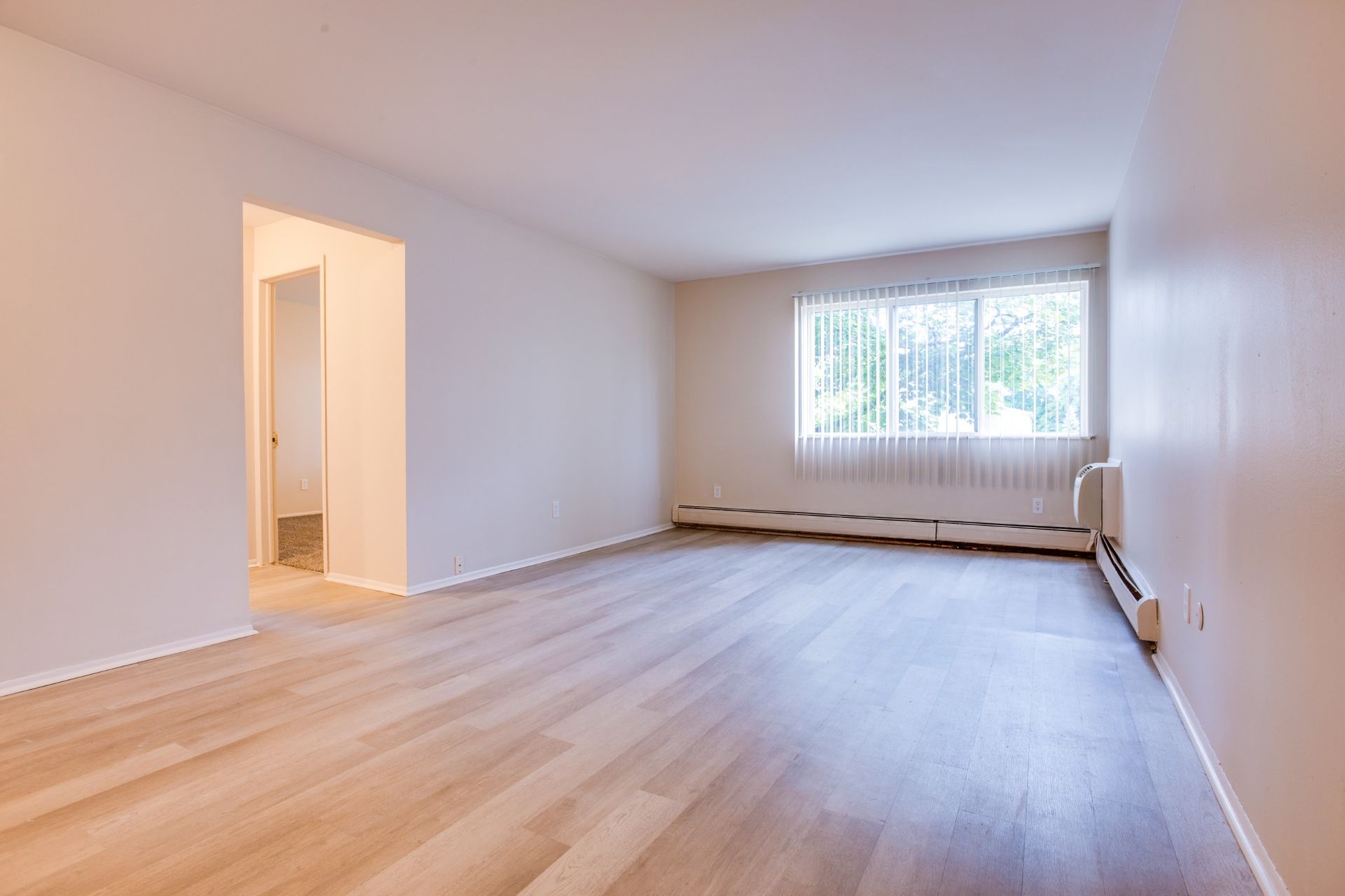 Empty white room with light wood floors, a window, and an open doorway to a hallway