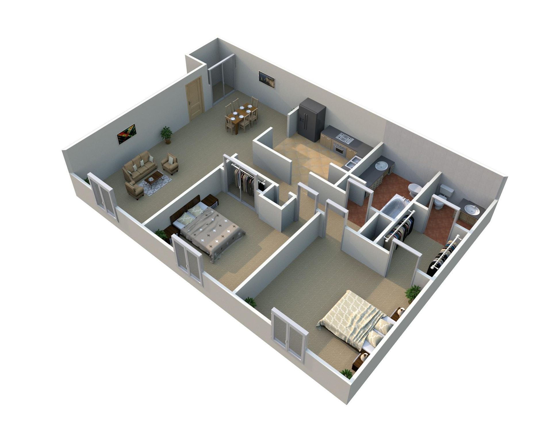 3D floor plan of a small apartment with living room, kitchen, bedroom, bathroom, and hallway