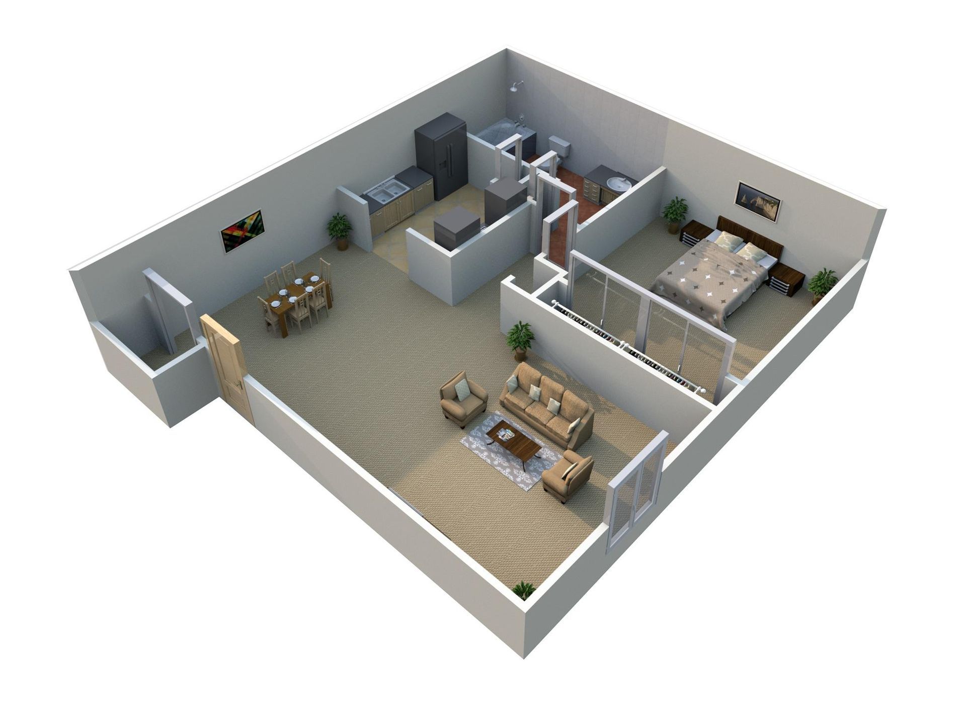 3D floor plan of a small apartment with living room, kitchen, bedroom, and bathroom.