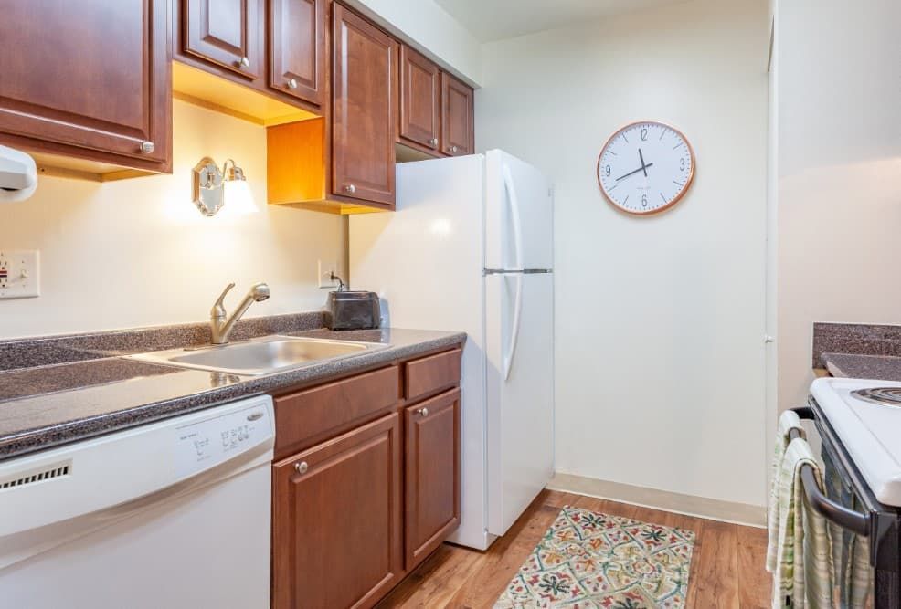 Compact kitchen with wooden cabinets, white appliances, and a wall clock above a patterned rug.