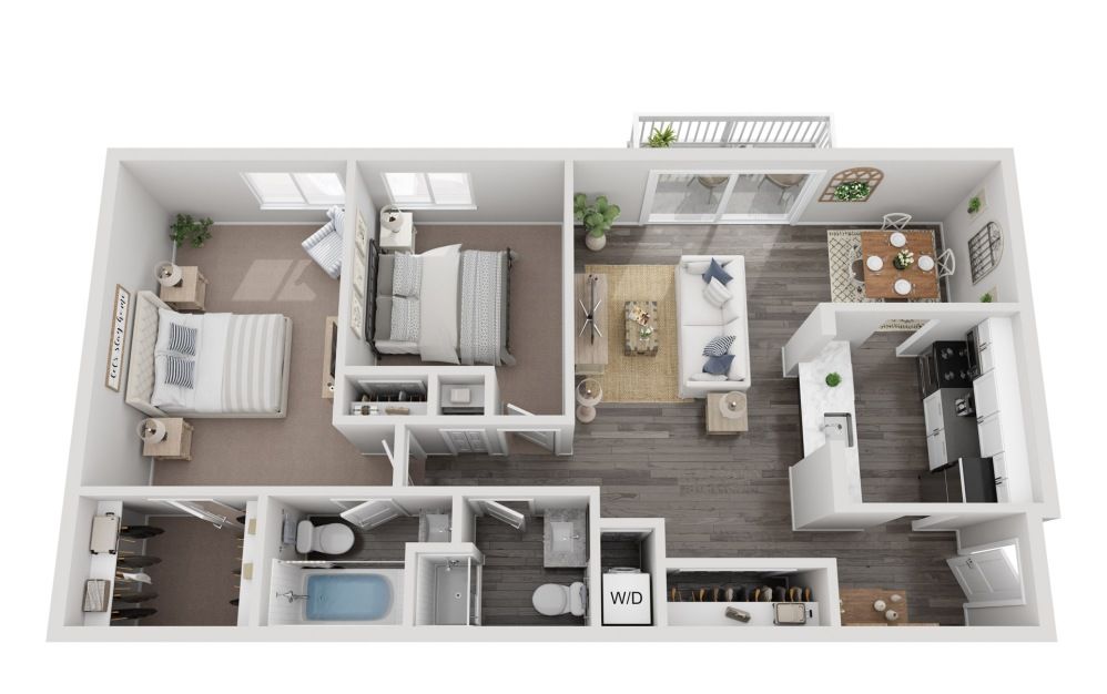 3D floor plan of a small modern apartment with bedroom, bathroom, kitchen, and living area