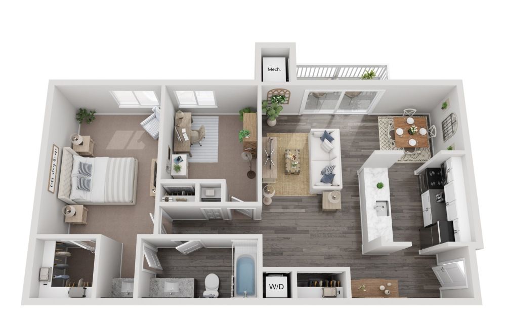 3D floor plan of a furnished apartment with bedroom, bathroom, kitchen, and living room areas