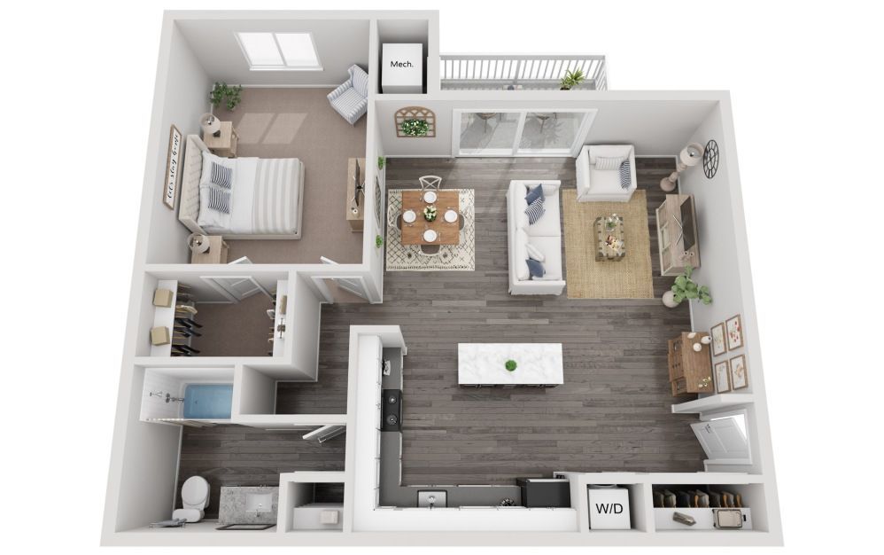Top-down 3D floor plan of a furnished apartment with bedroom, bathroom, kitchen, and living area.