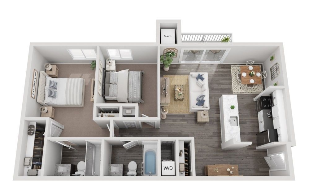 Top-down floor plan of a modern apartment with two bedrooms, kitchen, bath, and living/dining area.