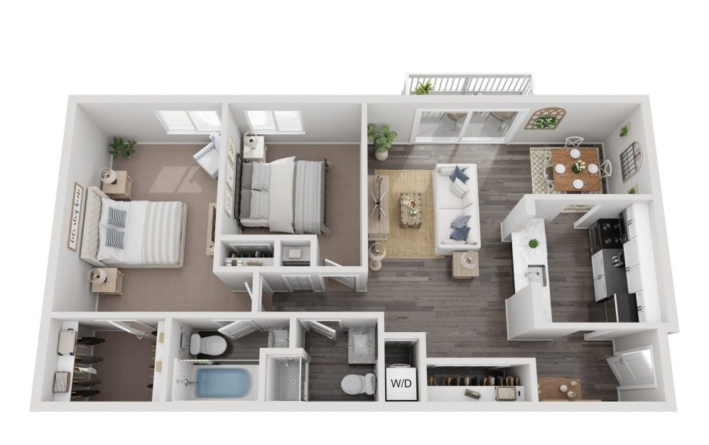 Top-down floor plan of a modern two-bedroom apartment with kitchen, living area, bathroom, and balcony.