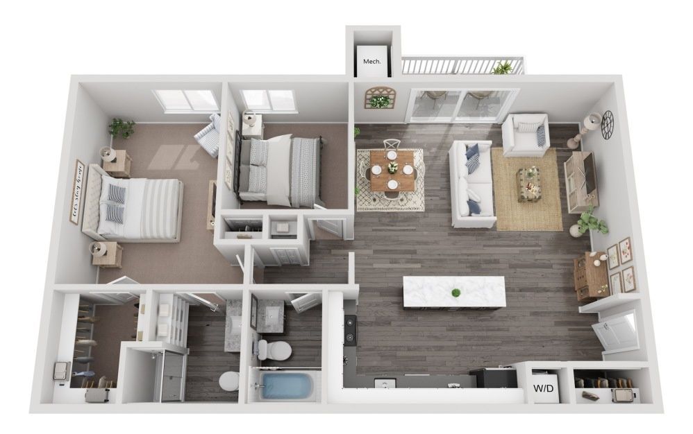Top-down 3D floor plan of a small apartment with bedroom, bathroom, living room, kitchen, and dining area