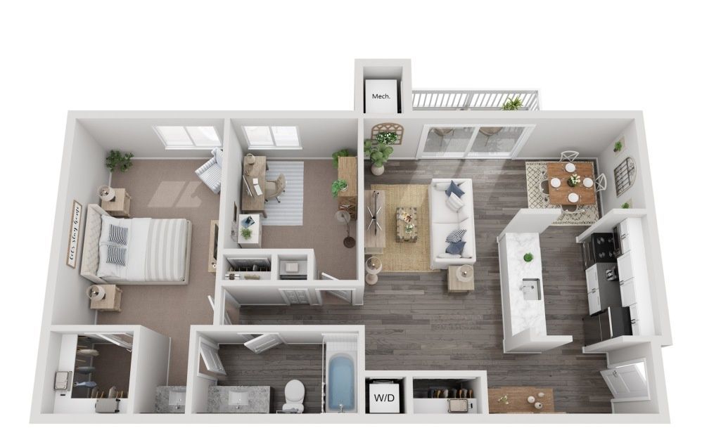 Top-down 3D floor plan of a modern apartment with bedroom, bath, kitchen, living room, and dining area.