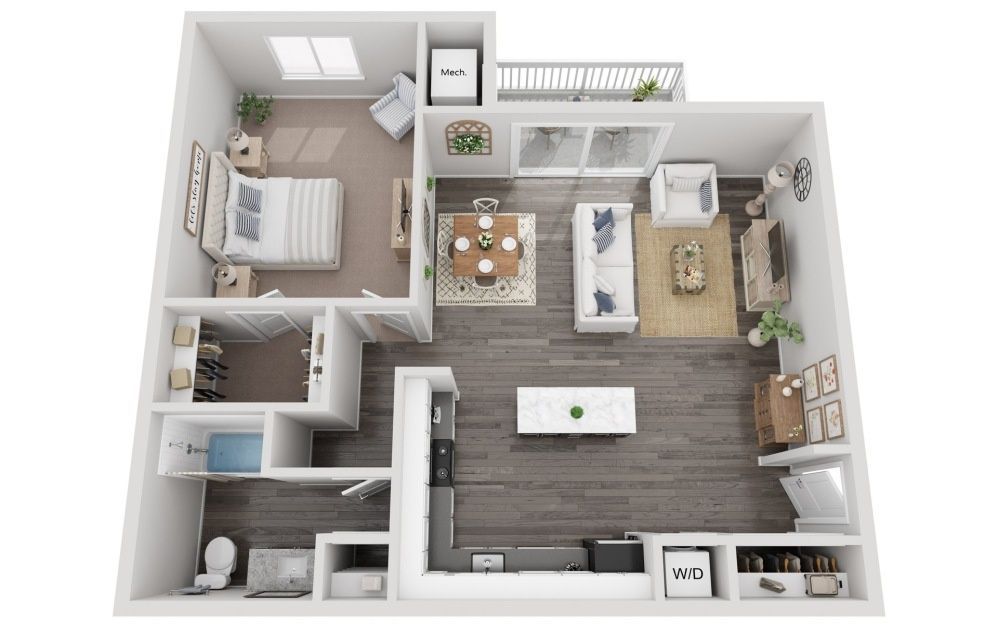 Top-down 3D floor plan of a modern apartment with bedroom, bathroom, kitchen, and living area
