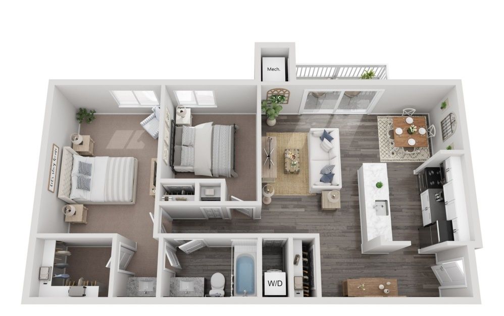 3D floor plan of a modern two-bedroom apartment with kitchen, living room, bathroom, and balcony
