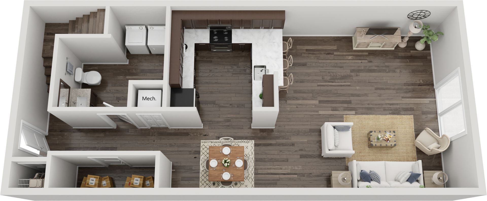 Top-down floor plan of a small apartment with kitchen, bath, bedroom, and living room.
