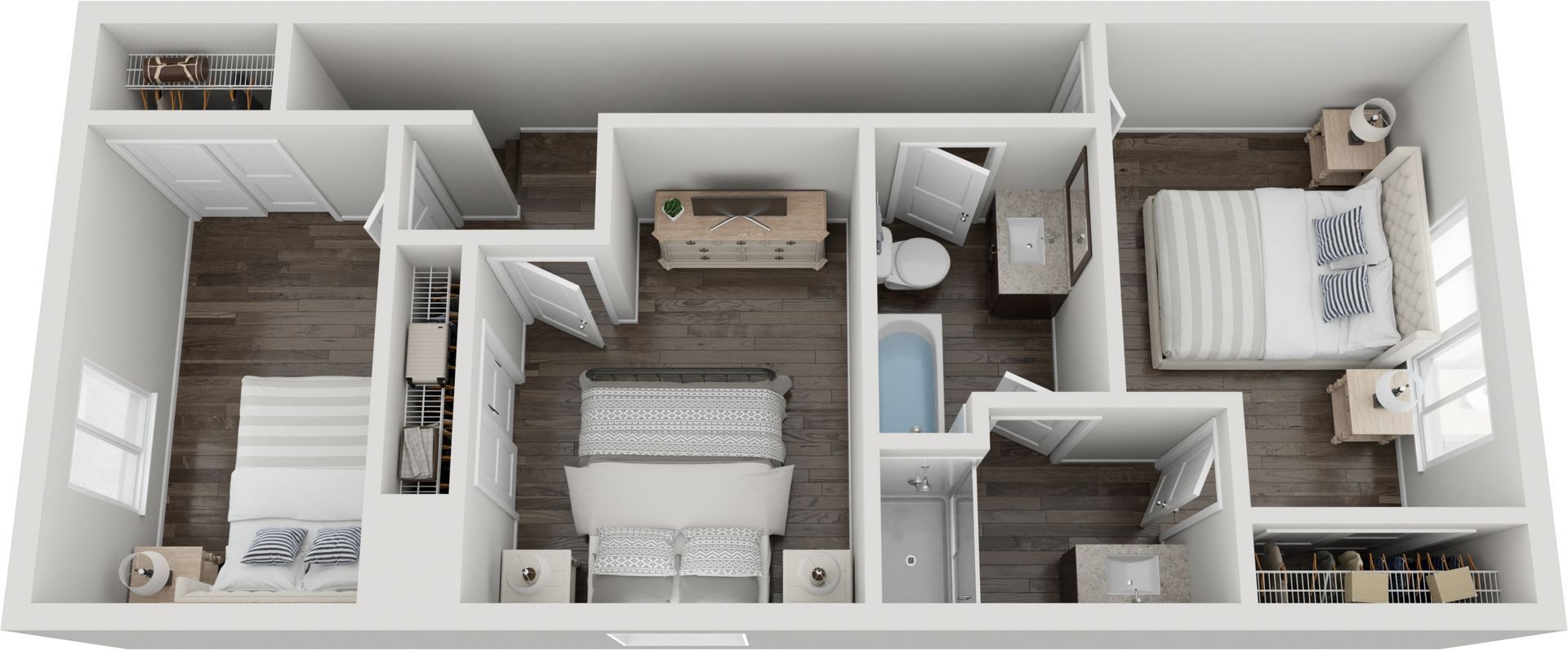 Top-down floor plan of a small apartment with bedroom, bathroom, kitchen, and living areas.