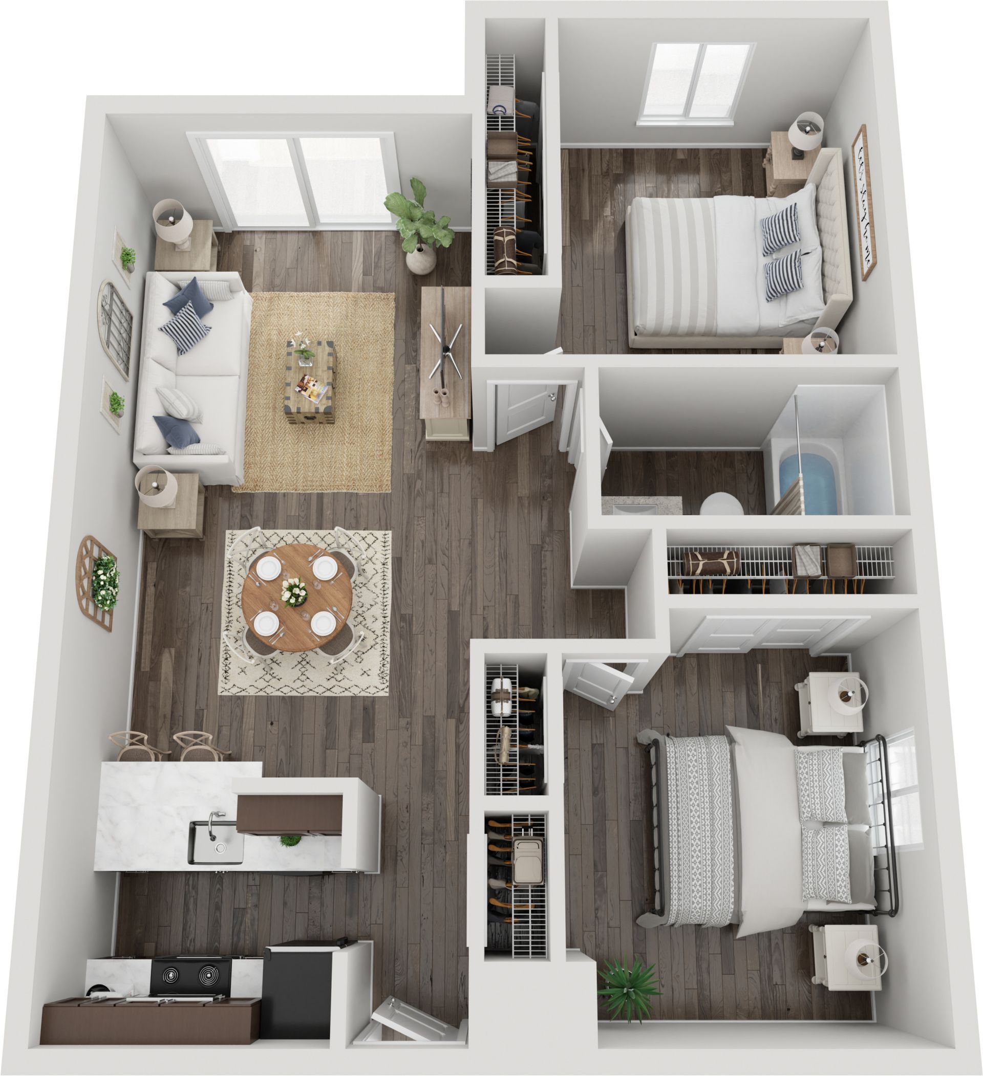 Top-down floor plan of a furnished apartment with living room, two bedrooms, kitchen, and bath.