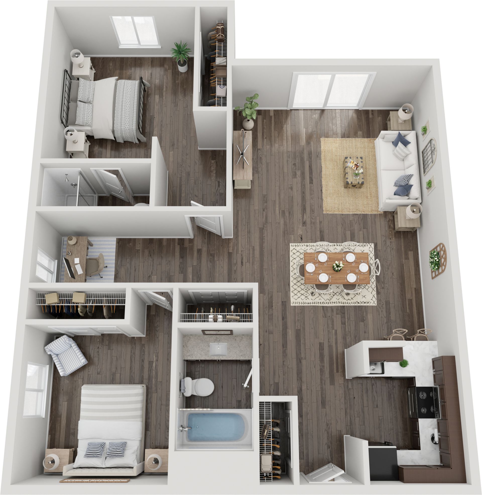 3D floor plan of a small apartment with bedroom, living room, kitchen, bathroom, and home office.