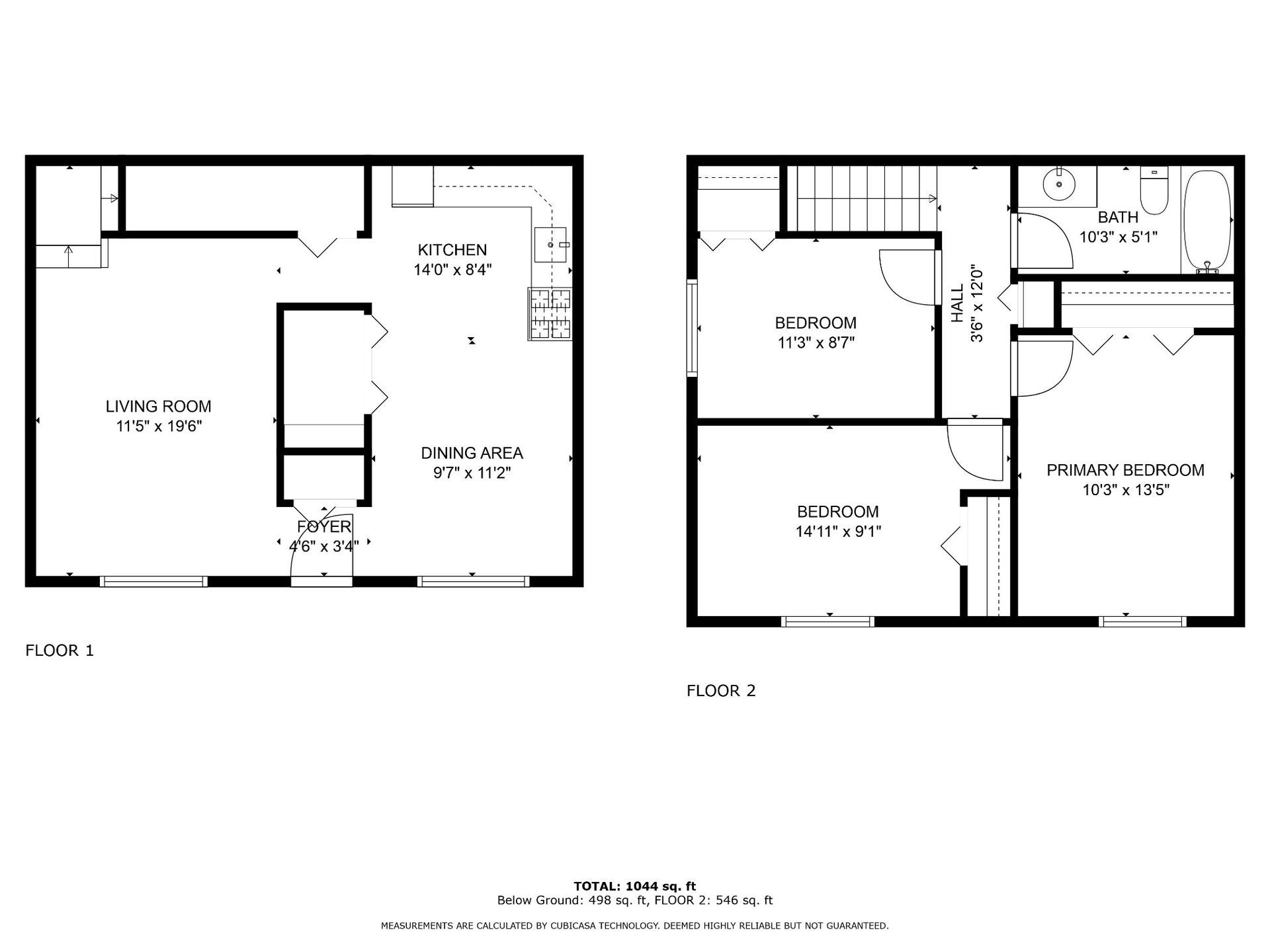 Two black-and-white floor plan diagrams showing house layouts with labeled rooms and stairs
