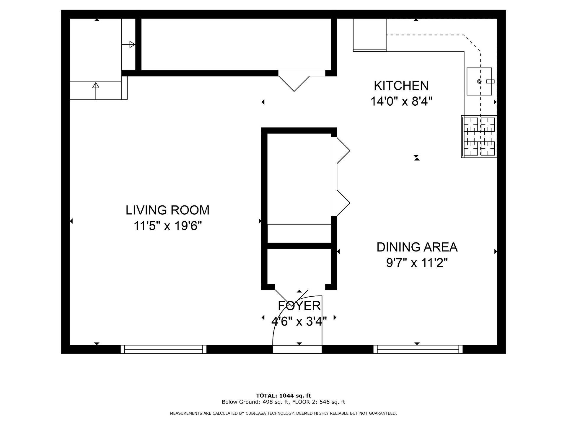Floor plan of an apartment showing living room, kitchen, and dining area with measurements.
