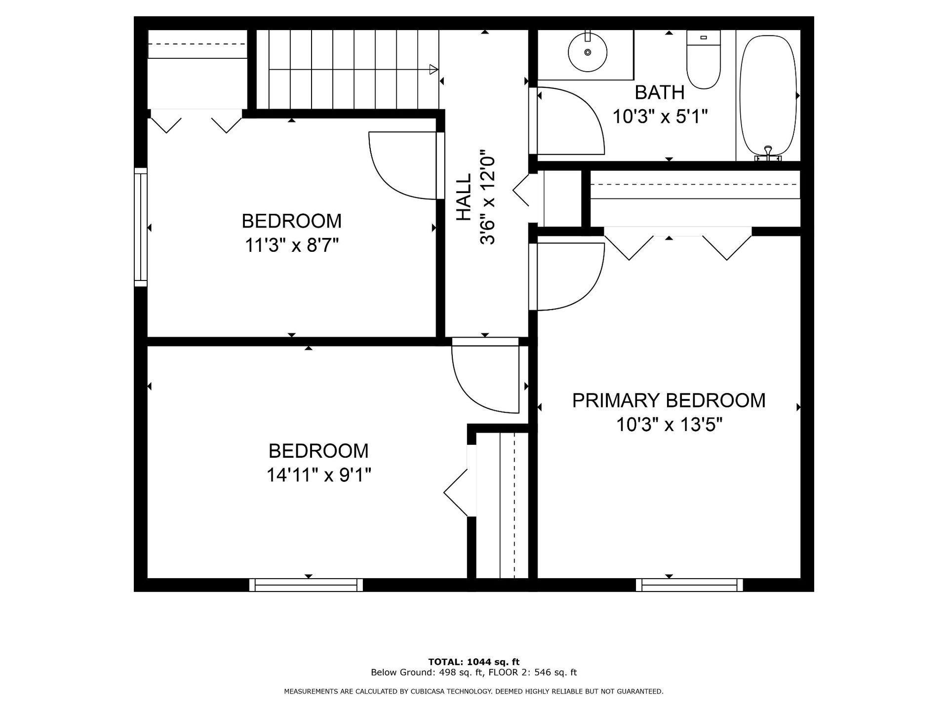 Floor plan of a three-bedroom layout with a central hall, bath, and primary bedroom.