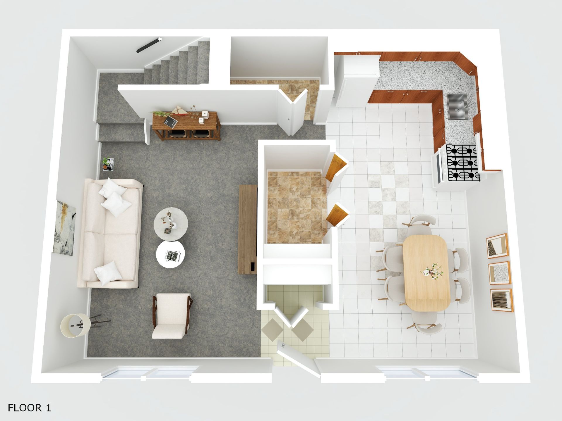 Top-down floor plan of a small apartment with living area, bedroom, kitchen, and dining space