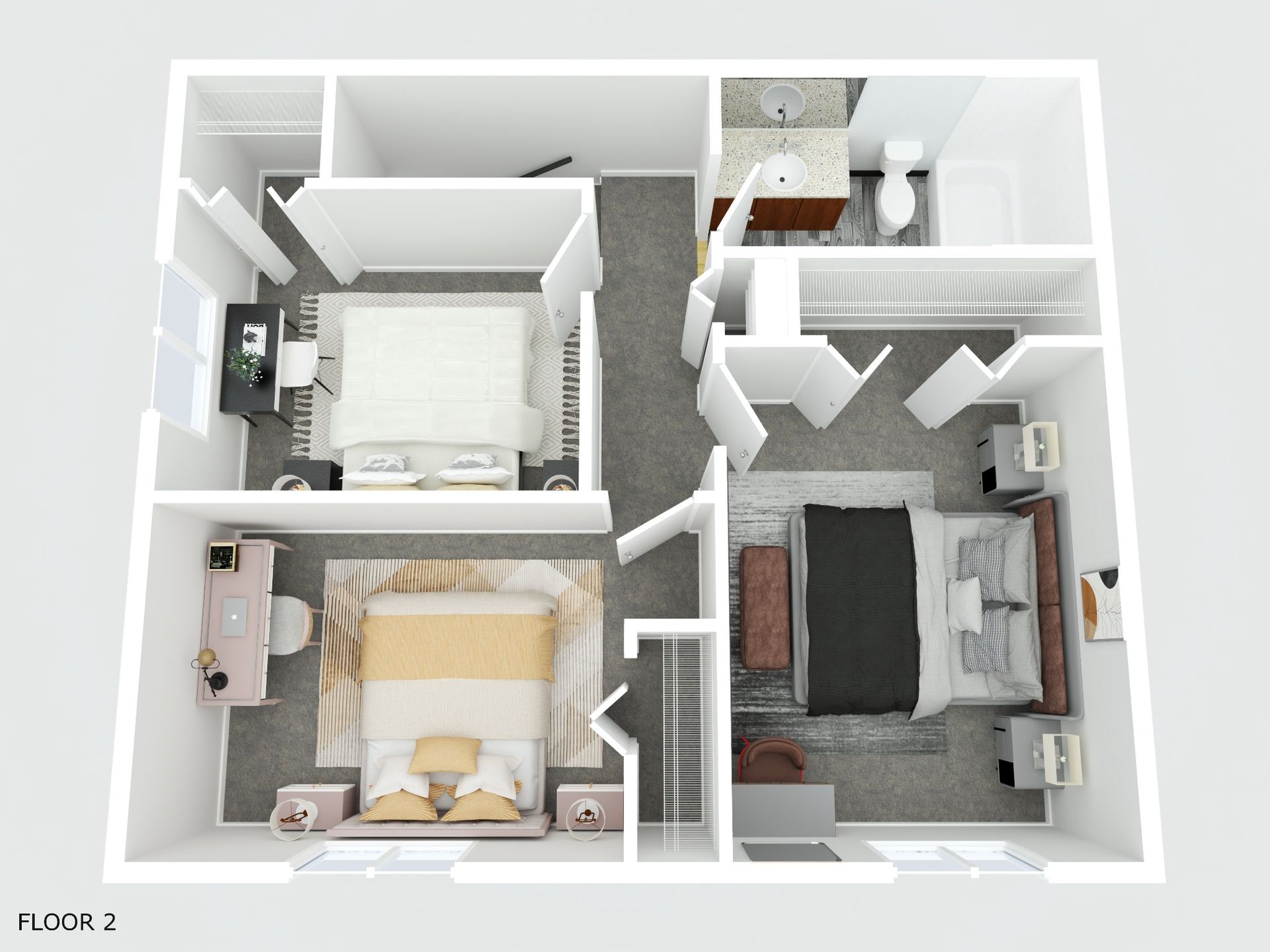3D floor plan of a small apartment with two bedrooms, a bathroom, kitchen, and living area