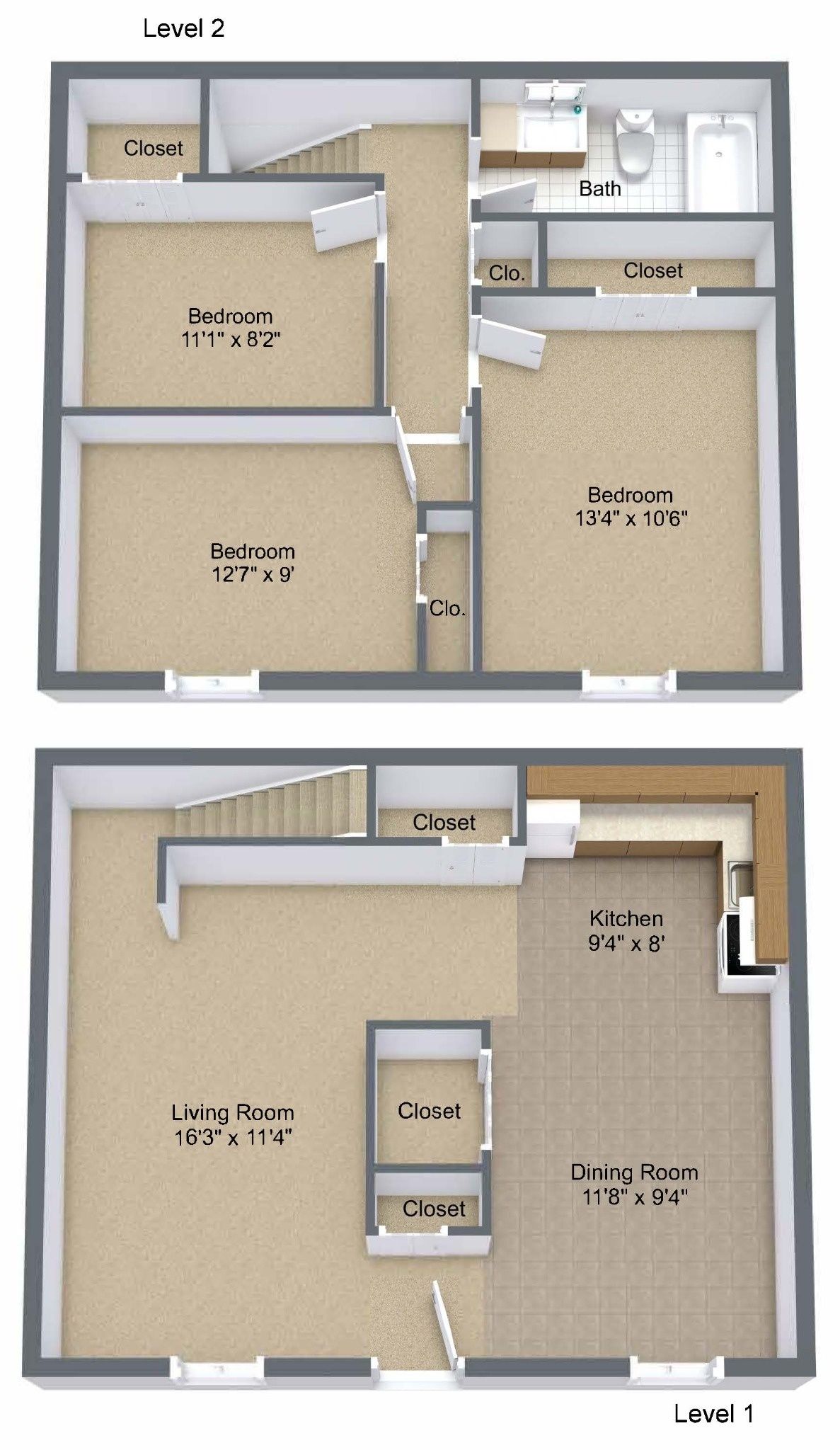 Two small apartment floor plans, top and bottom, showing rooms, bath, kitchen, and labels.