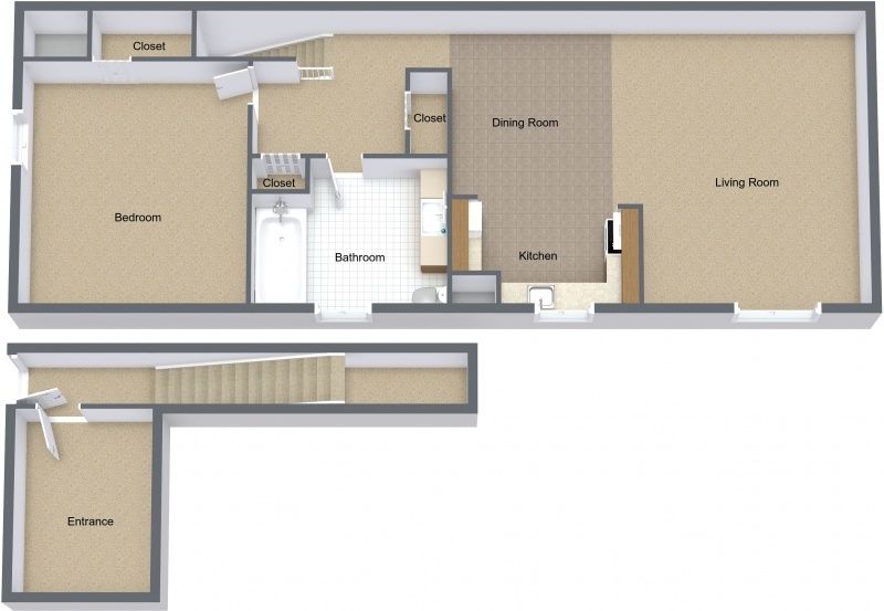 Floor plan of a house with bedroom, bathroom, kitchen, dining room, living room, and entryway.