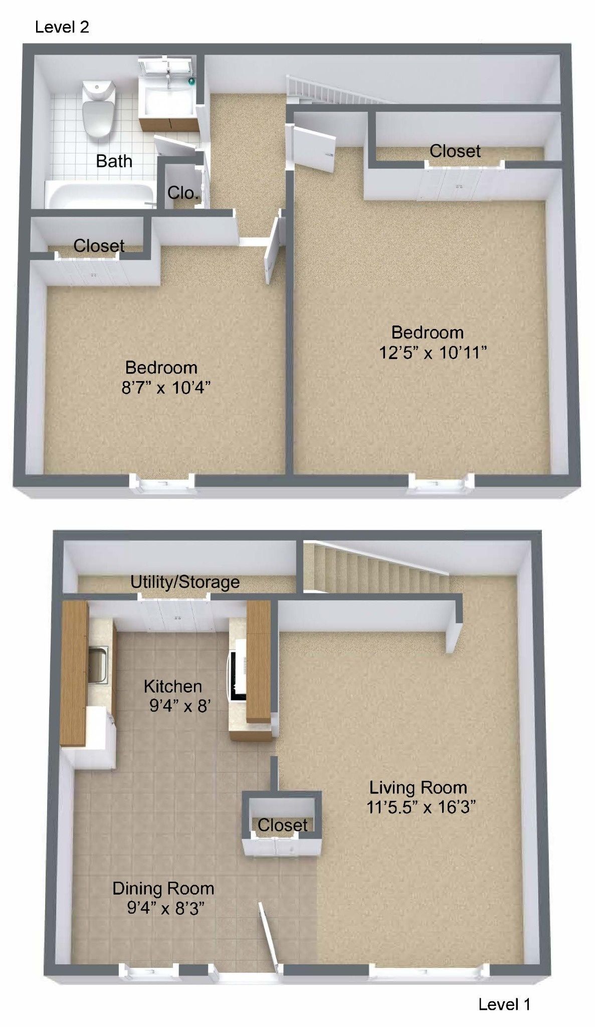 Two small floor plan diagrams showing rooms, doors, and furniture layout.