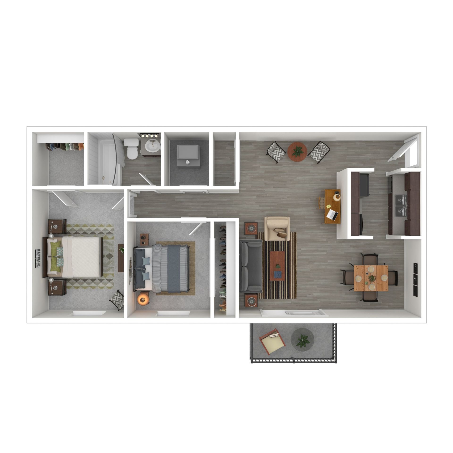 Top-down 3D floor plan of a modern apartment with bedroom, bathroom, office, kitchen, living area, and balcony.